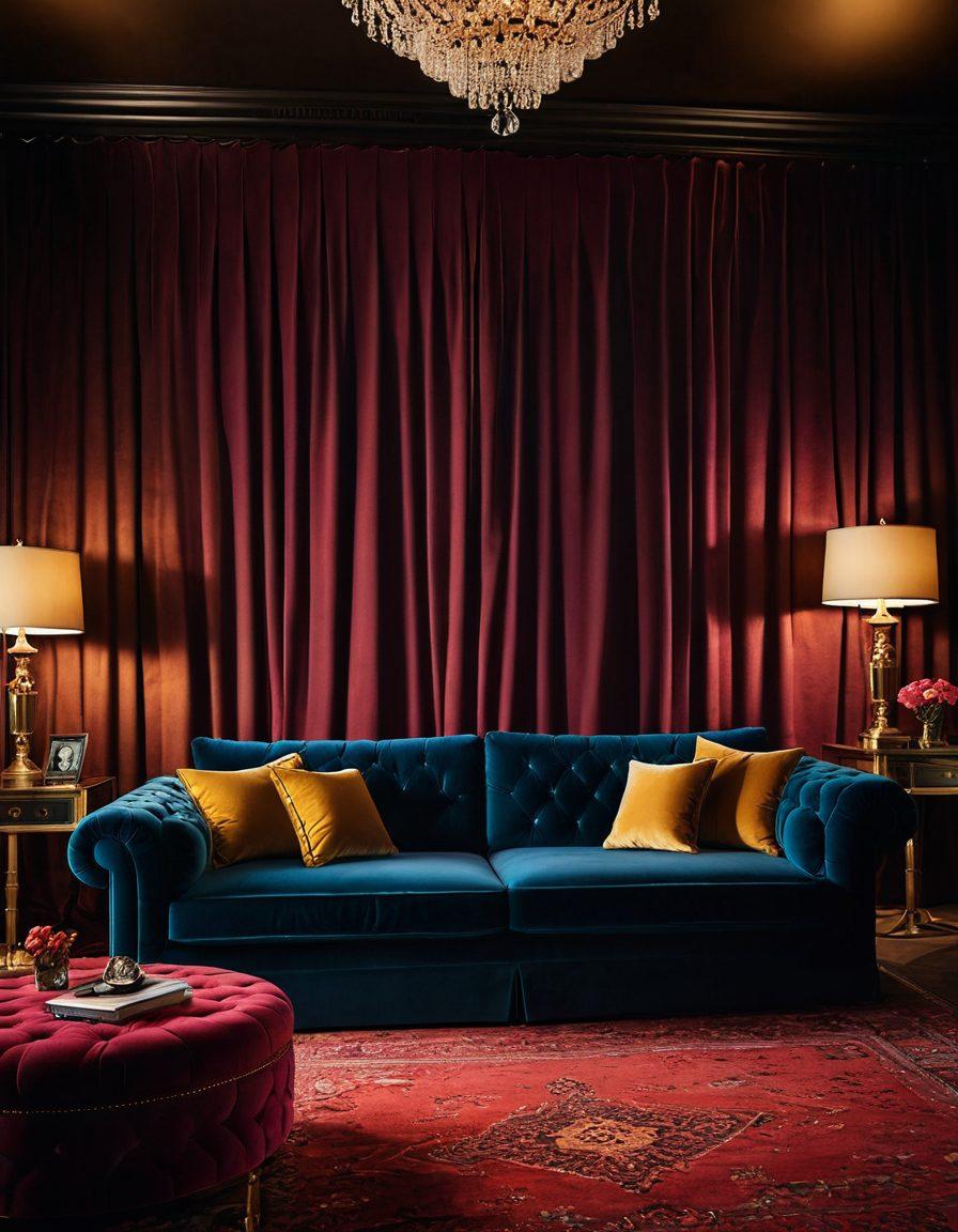 A captivating blend of sensuality and artistry, featuring a vibrant film reel unraveling exotic scenes and subtle silhouettes. In the foreground, a luxurious, velvet-covered sofa adorned with soft cushions suggests an intimate setting. The background is a mix of rich, warm tones, hinting at a lavish cinema ambience, with soft glows of light illuminating from behind. The atmosphere is invigorating yet classy, evoking the allure of risque entertainment. super-realistic. vibrant colors. rich textures.