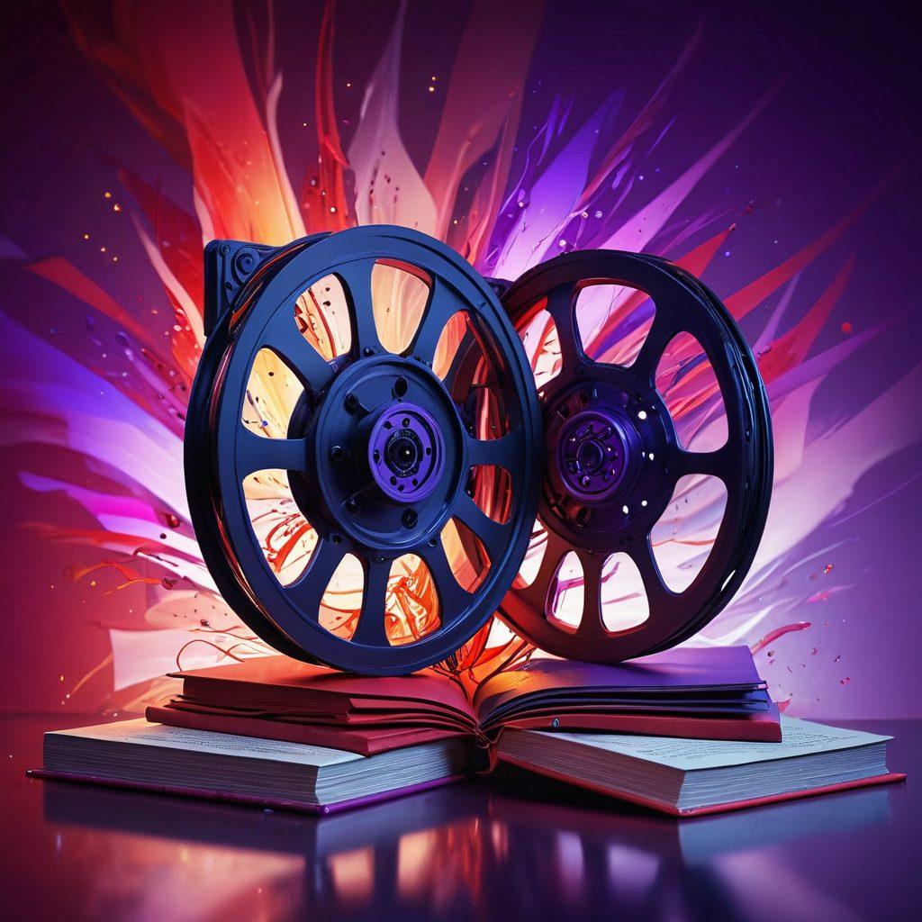 A vibrant, abstract representation of desire, featuring swirling colors of red and purple, intertwined with diverse symbols of intimacy and passion. Include silhouettes of different adult genres like film reels, books, and digital screens, merging together in a captivating flow. The background should evoke a sense of ecstasy with soft, glowing lights. 3D effect. vibrant colors. abstract art.