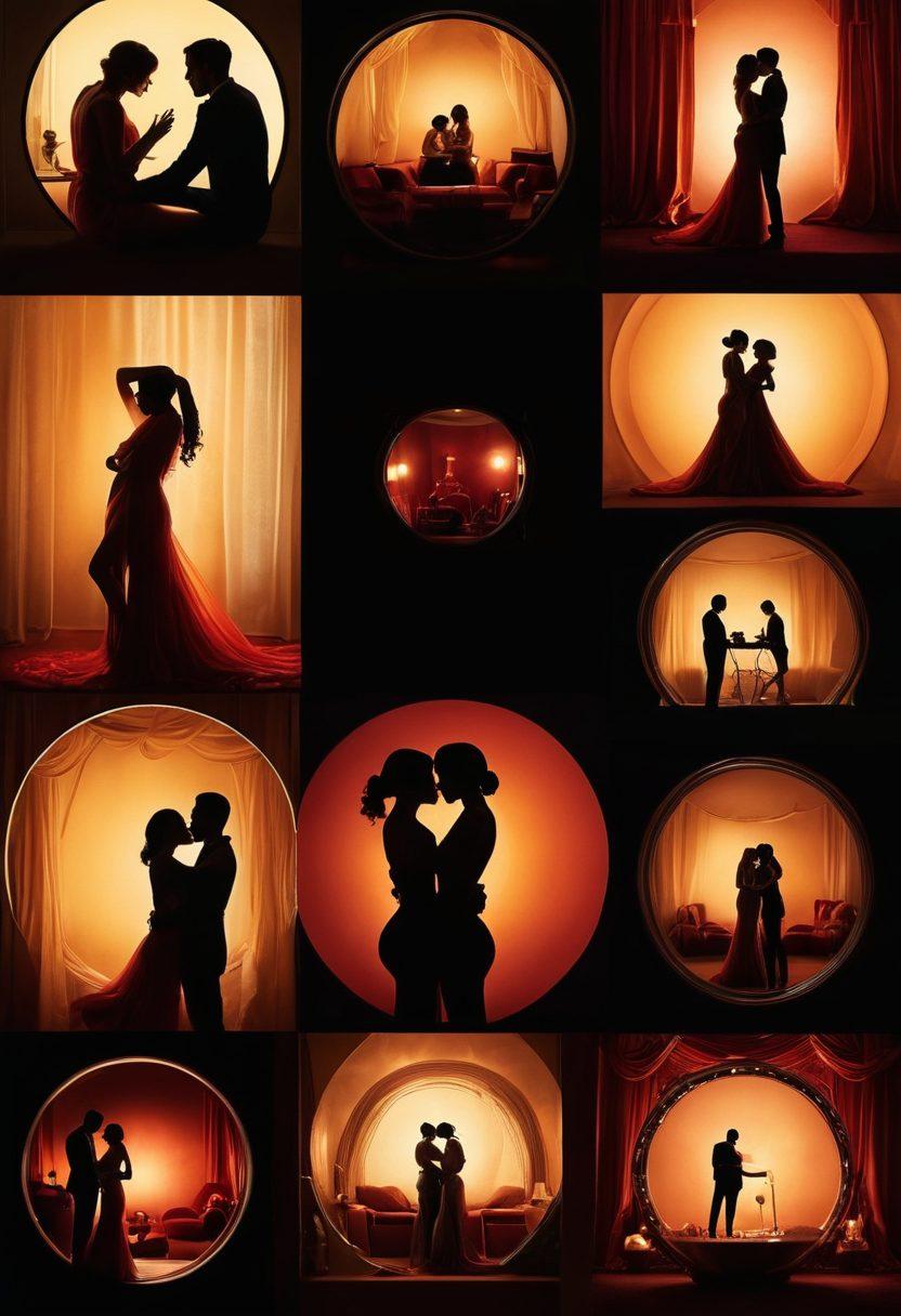 A captivating collage featuring seductive silhouettes of diverse couples engaged in intimate moments, surrounded by soft, glowing lights and luxurious textures. Incorporate elements like film reels and vintage movie posters to evoke a cinematic feel. The atmosphere should suggest allure and mystery, inviting exploration of hidden desires. Use a rich, warm color palette to create an intimate vibe. super-realistic. vibrant colors. elegant and sensual.